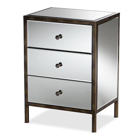Baxton Studio Nouria Hollywood Style Mirrored Three Drawer Nightstand Bedside Table 150-9055